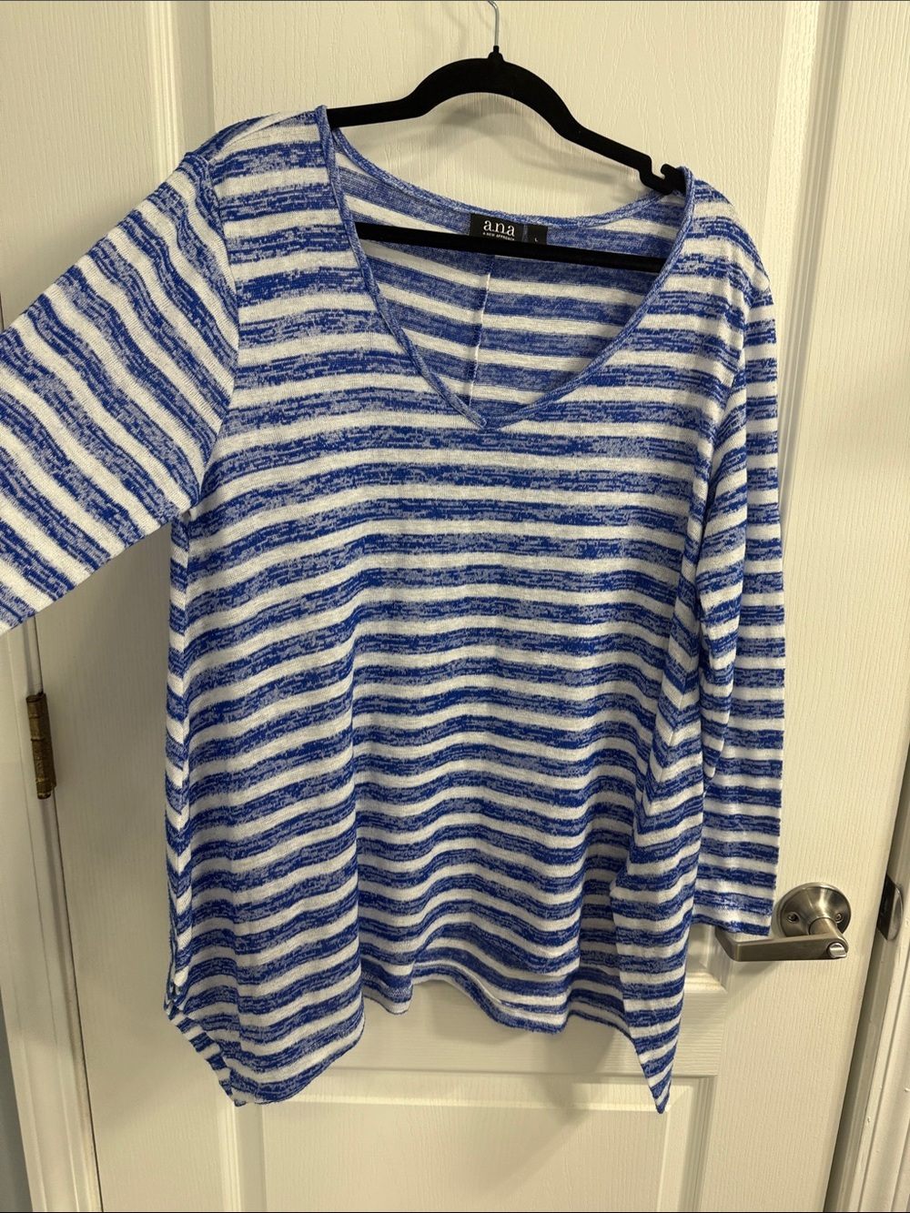 a.n.a Blue and White Striped V-Neck Long Sleeve Tee with Sharkbite Hem Nautical